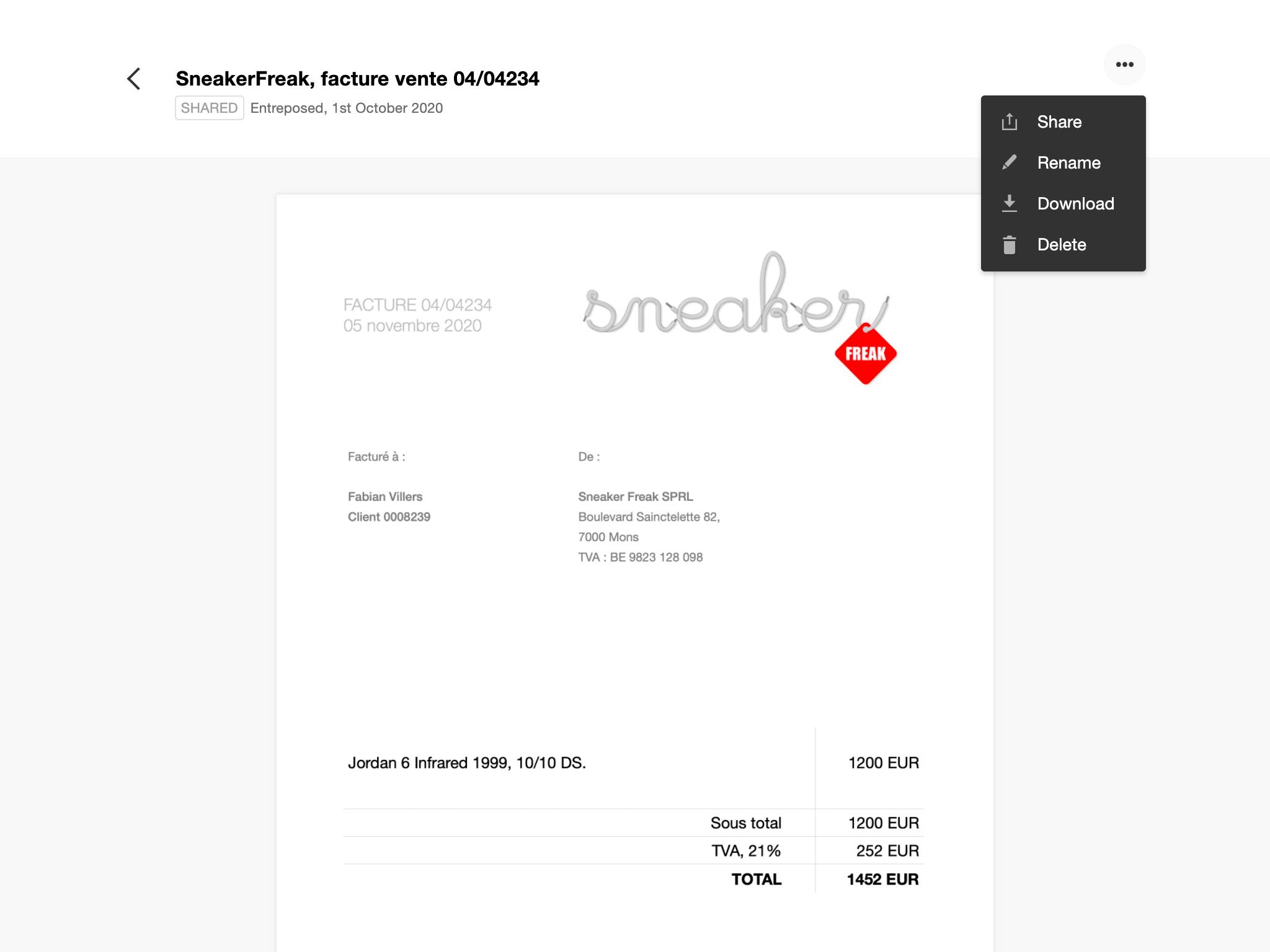 Document details and the Share, Rename, Download and Delete actions.