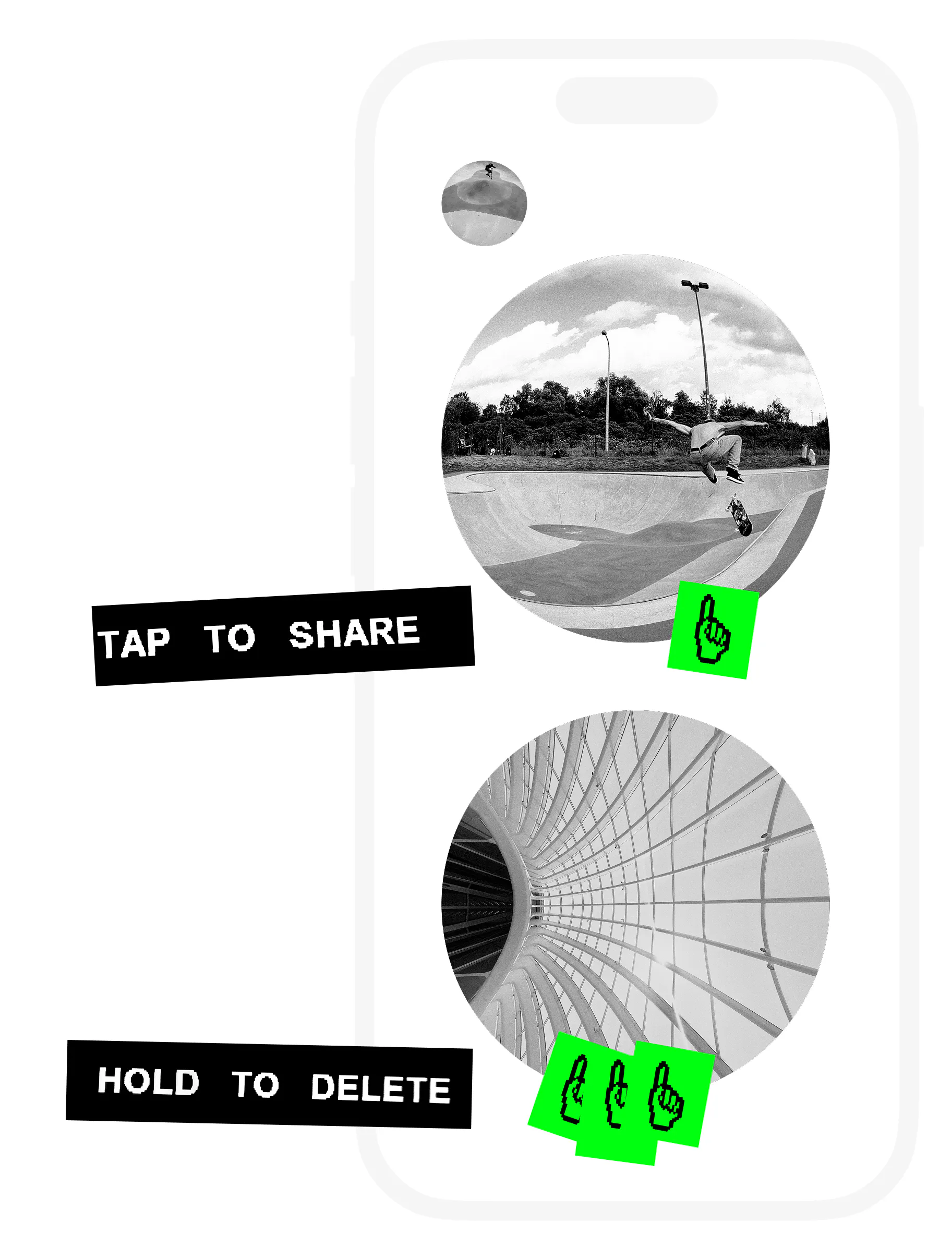 Tap to share, hold to delete: P-01